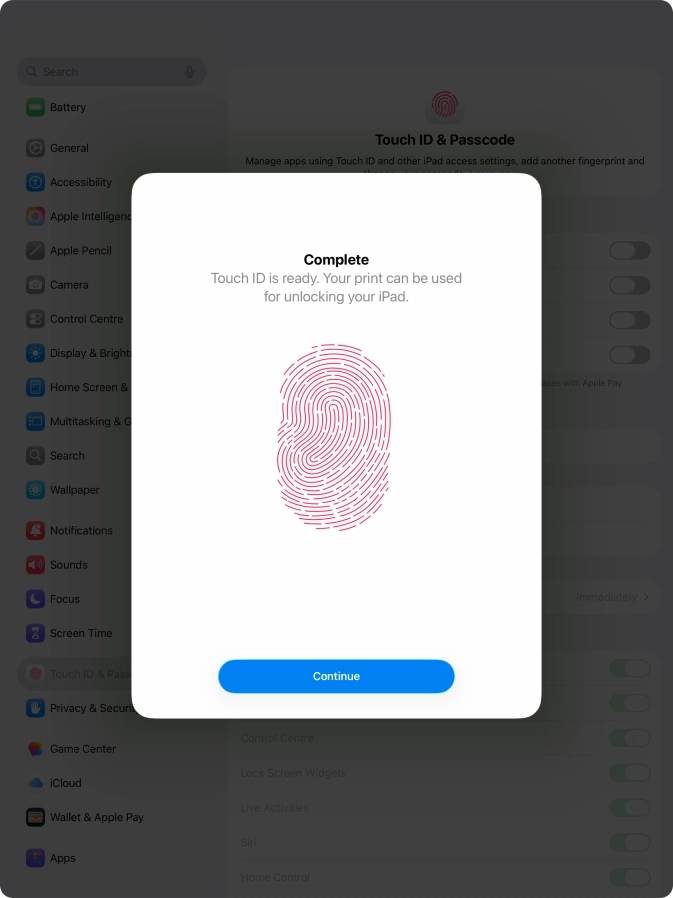Press Continue. If you haven't previously selected a lock code, key in a code of your own choice twice.