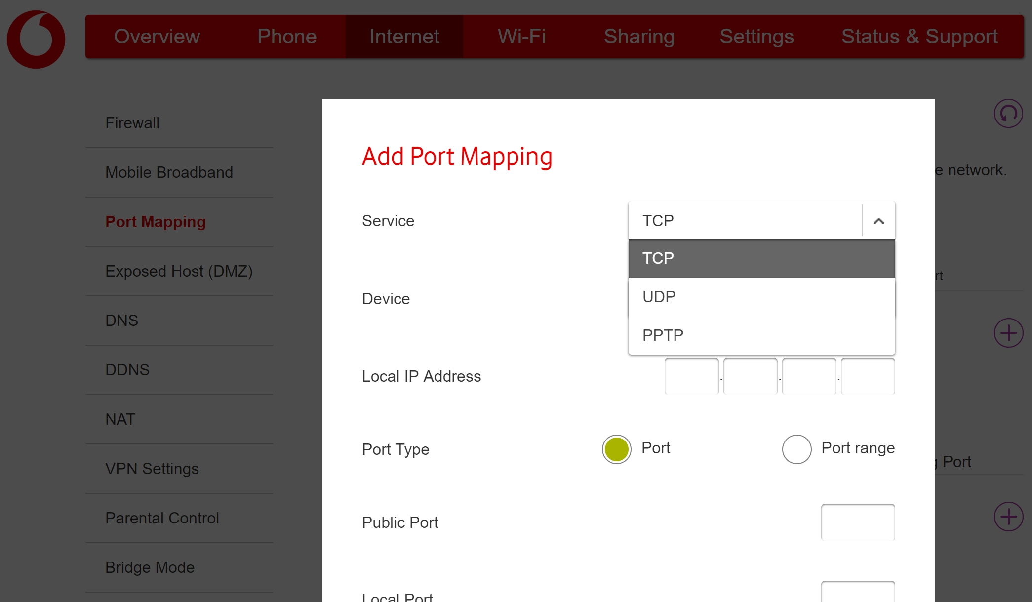Click the required port mapping service.