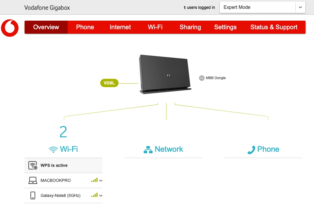 In Overview you can see general information about your modem, such as connected devices and information about active connections.