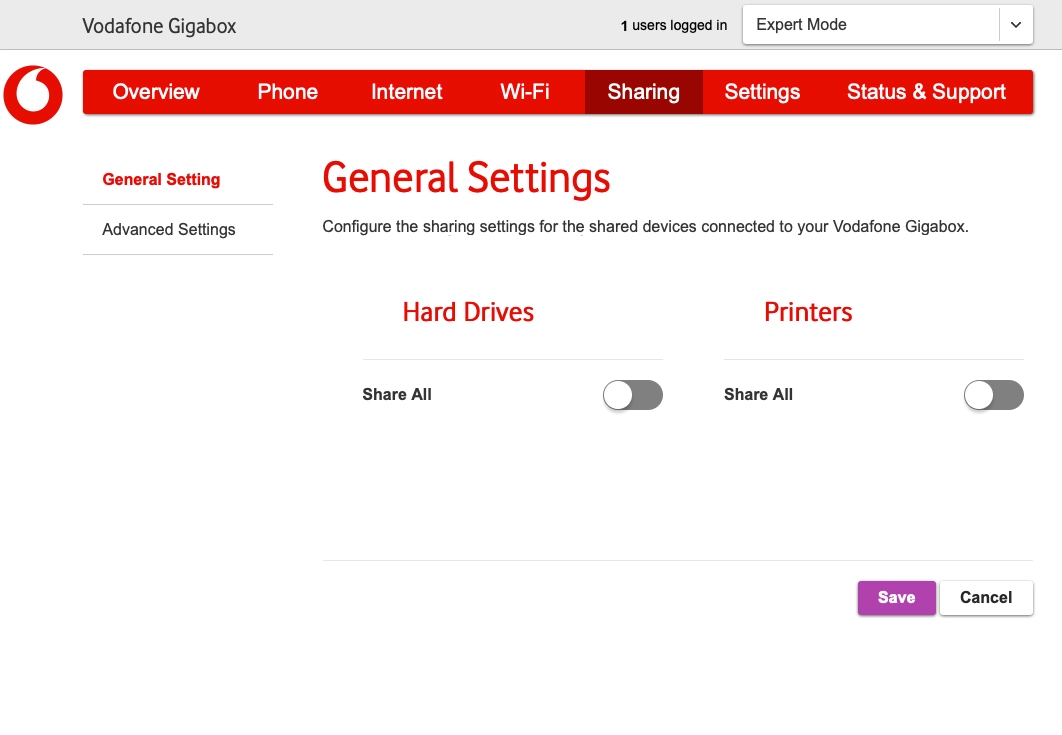 In Sharing you can select settings for file sharing on connected devices, such as USB storage devices.