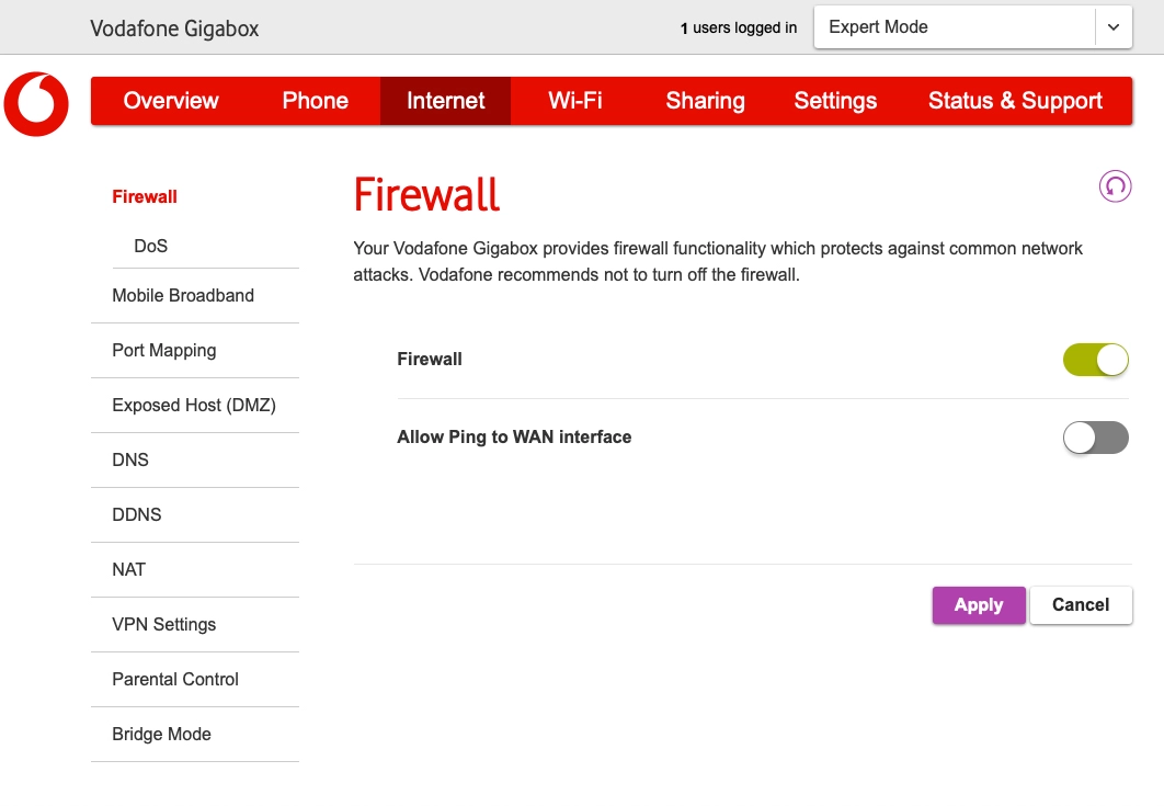 In Internet you can see and edit various internet connection settings, such as port forwarding.