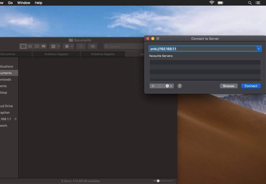 Key in smb://192.168.1.1 and click Connect.