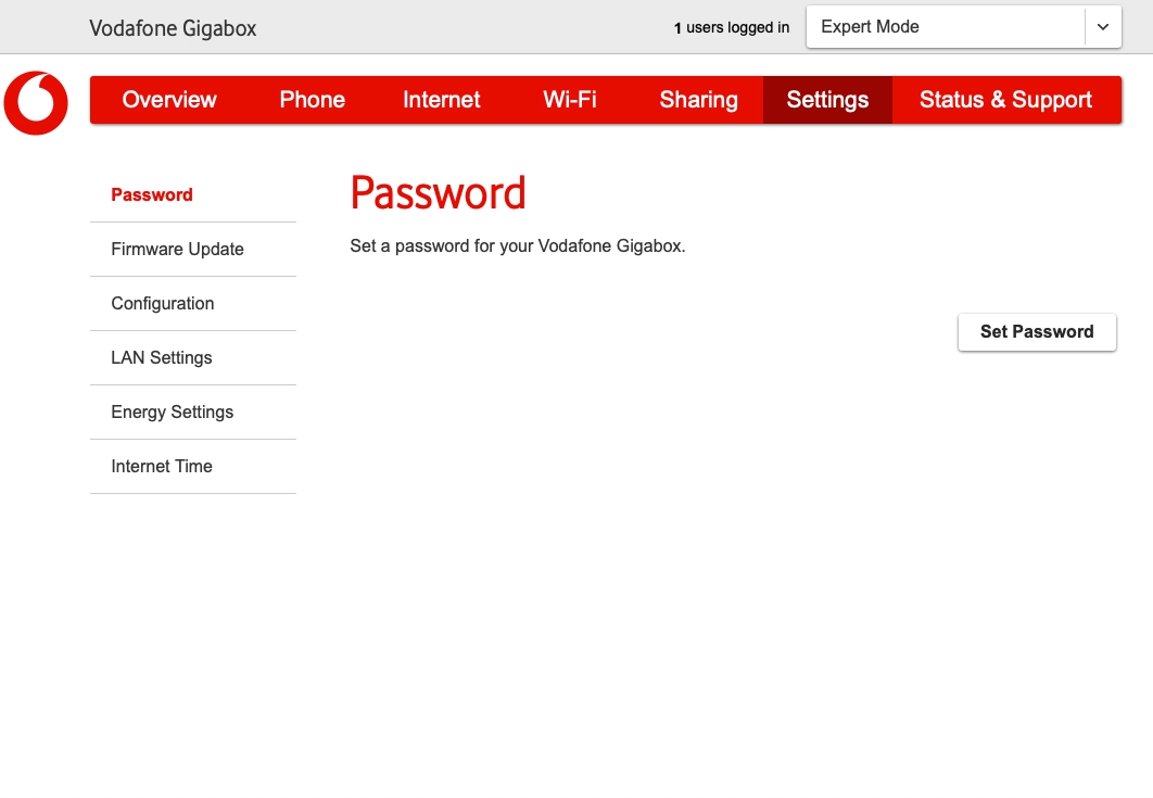 In Settings you can change your password for the modem web interface, restore factory default settings and update the modem firmware.