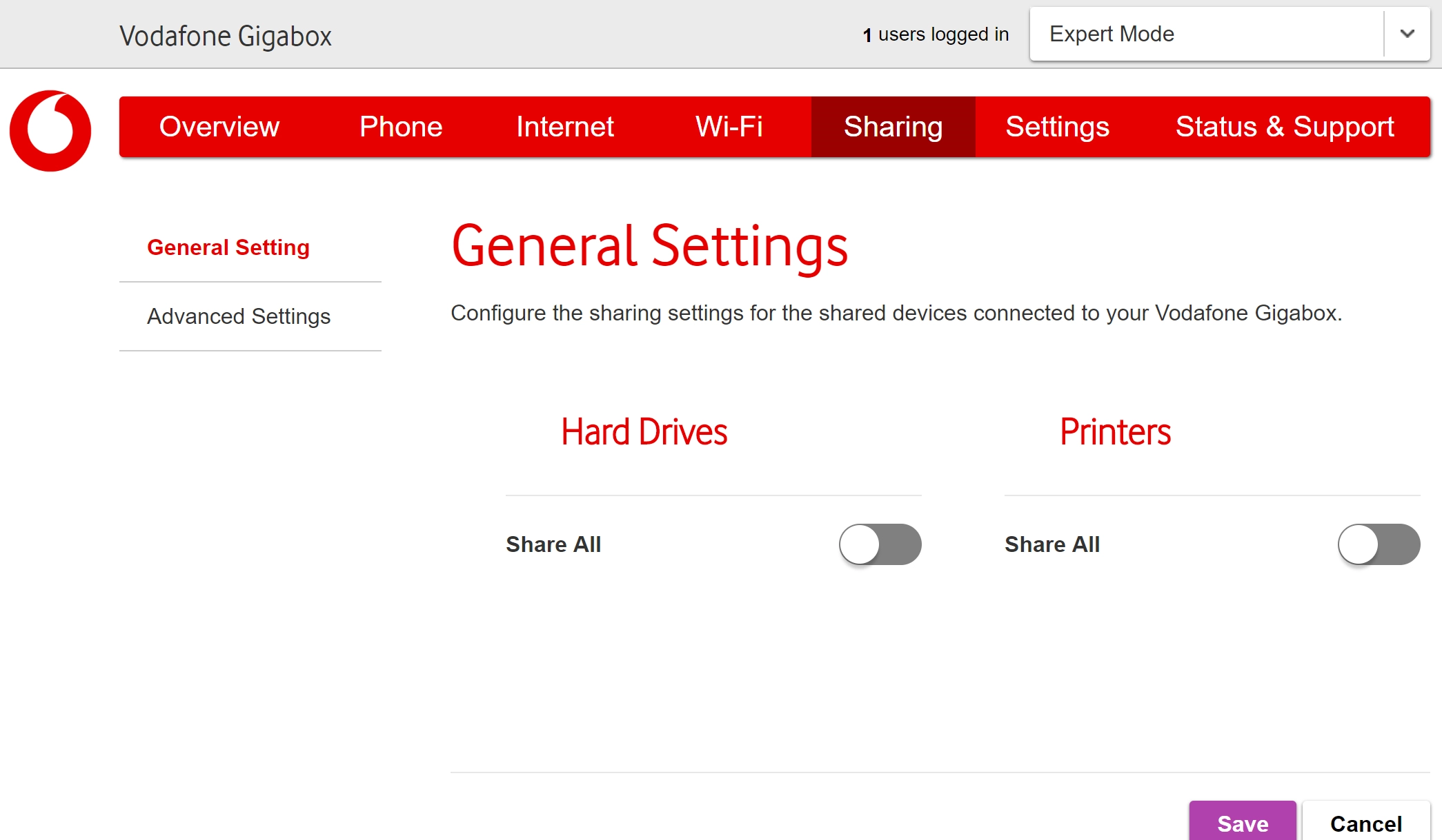 In Sharing you can select settings for file sharing on connected devices, such as USB storage devices.