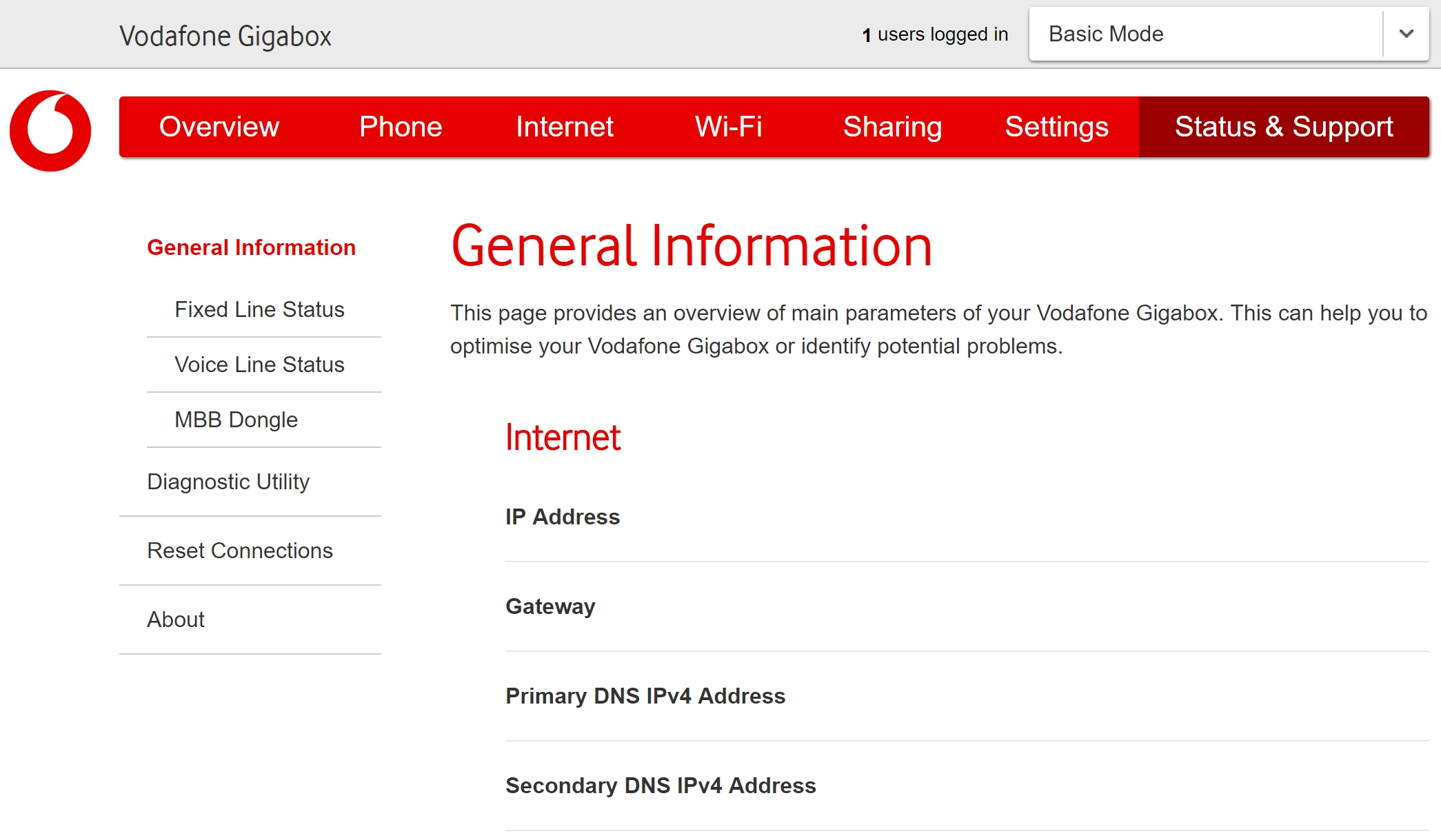 The internet connection information is displayed.