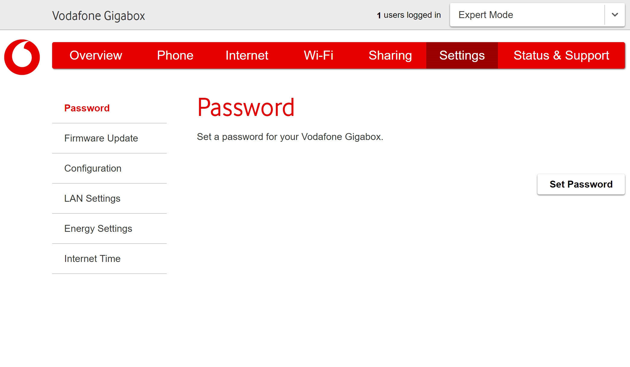 In Settings you can change your password for the modem web interface, restore factory default settings and update the modem firmware.