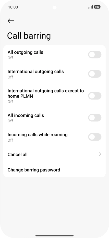 Press the indicator next to the required barring type to turn the function on or off. Press the indicator next to the required barring type to turn the function on or off.