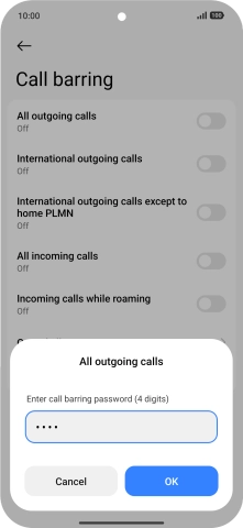 Key in your barring password and press OK. The default barring password is 0000. Key in your barring password and press OK. The default barring password is 0000.