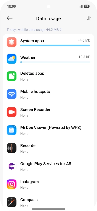 The data usage for each application is displayed below the name of the application.