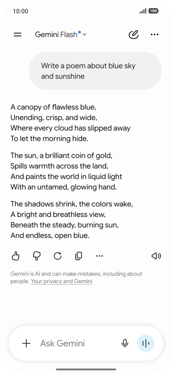 You can ask Gemini to generate a text based on your description. You can ask Gemini to generate a text based on your description.
