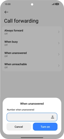 Key in (prefix) 5 (your phone number) and press Turn on.