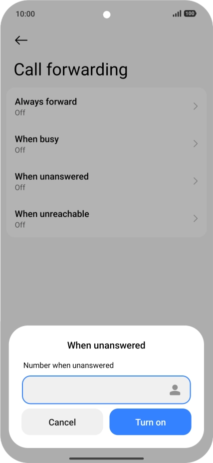 Key in (prefix) 5 (your phone number) and press Turn on.