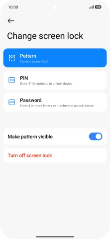 Press Turn off screen lock and key in the additional phone lock code you created earlier.