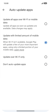 To turn on automatic update of apps using mobile network, press Update all apps over Wi-Fi or mobile data. To turn on automatic update of apps using mobile network, press Update all apps over Wi-Fi or mobile data.