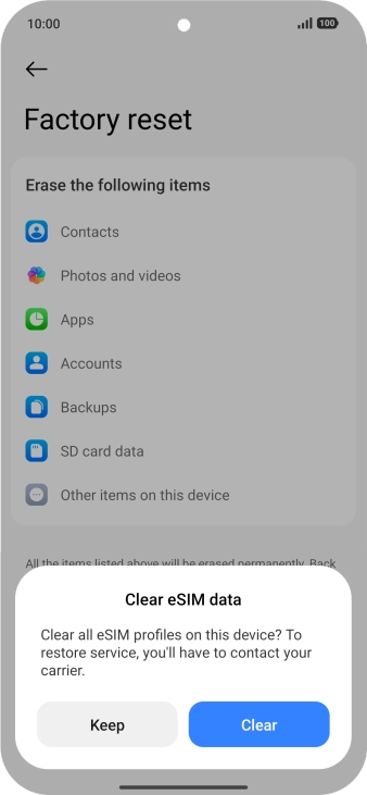 Press the required setting.