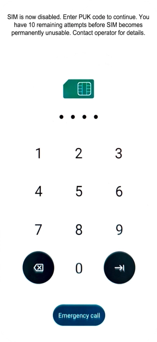 Key in the PUK and press arrow right.