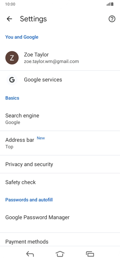 Press Privacy and security.