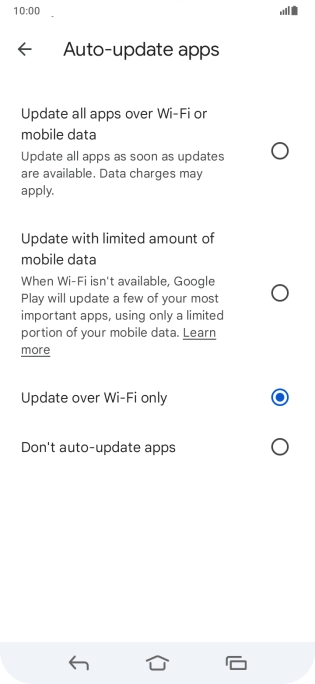 To turn on automatic update of apps using mobile network, press Update all apps over Wi-Fi or mobile data.