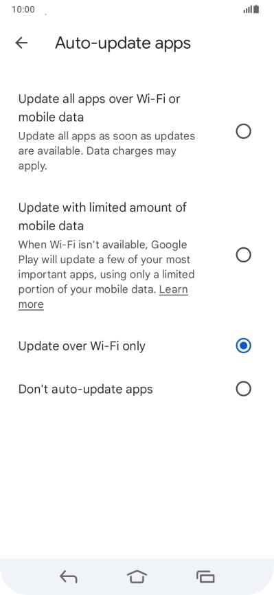 To turn on automatic update of apps using mobile network, press Update all apps over Wi-Fi or mobile data.