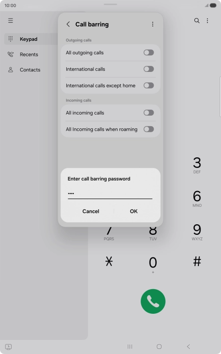 Key in your barring password and press OK. The default barring password is 1919.
