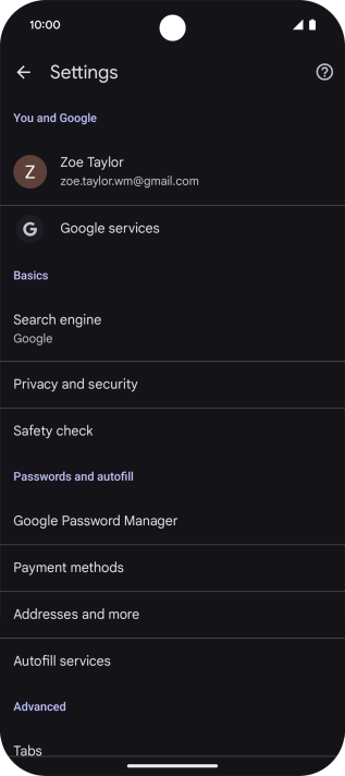 Press Privacy and security.