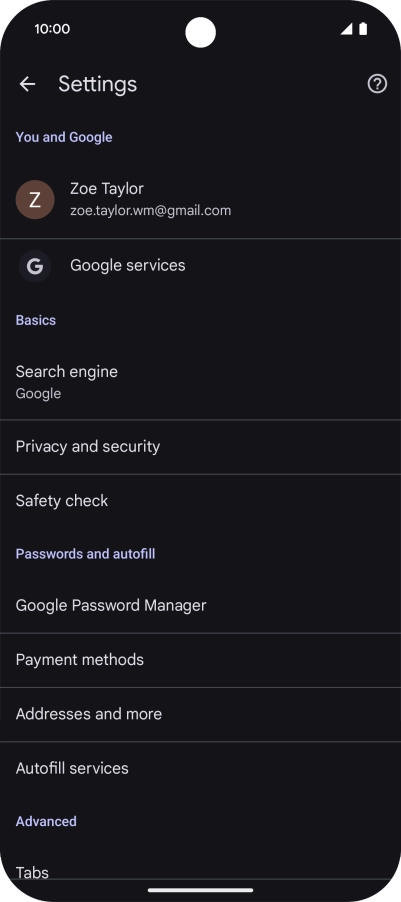 Press Privacy and security.