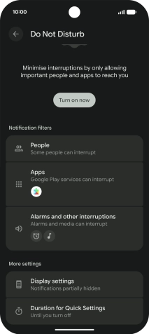 Press Turn on now to turn the function on or off. Press Turn on now to turn the function on or off.