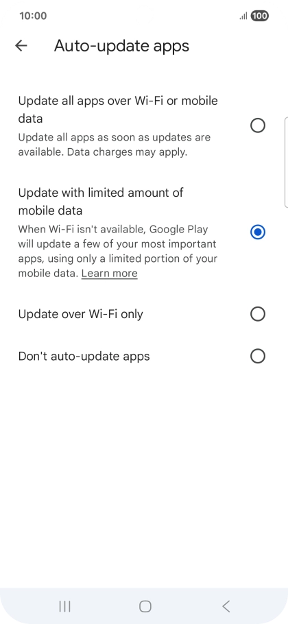 To turn on automatic update of apps using mobile network, press Update all apps over Wi-Fi or mobile data.