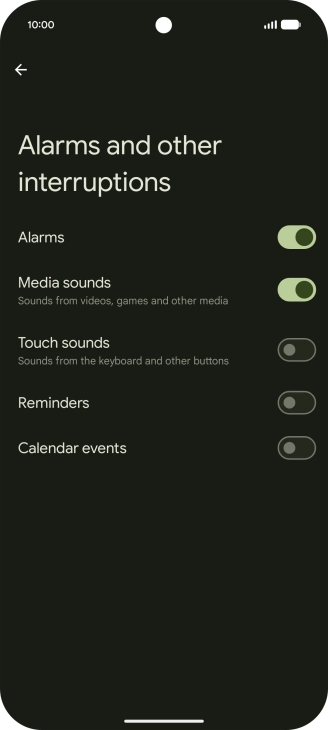 Press the required settings to turn sound and vibration for the selected functions on or off. Press the required settings to turn sound and vibration for the selected functions on or off.
