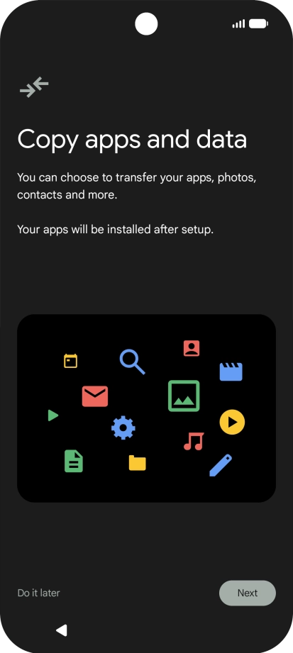 When this screen is displayed, your phone is ready to restore content from a Google One backup. When this screen is displayed, your phone is ready to restore content from a Google One backup.