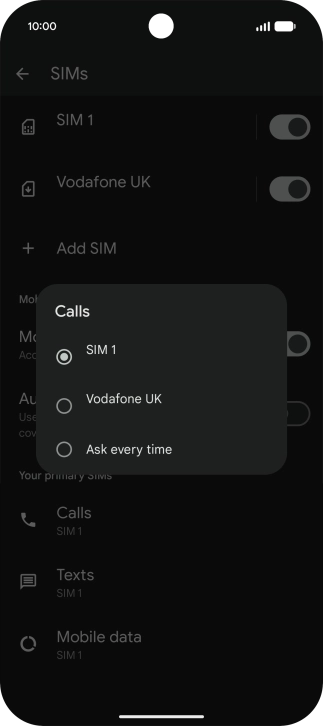 Press the required setting.