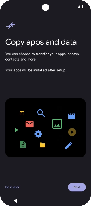 When this screen is displayed, your phone is ready to restore content from a Google One backup. When this screen is displayed, your phone is ready to restore content from a Google One backup.