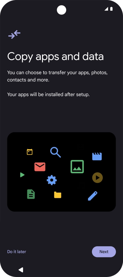When this screen is displayed, your phone is ready to restore content from a Google One backup. When this screen is displayed, your phone is ready to restore content from a Google One backup.