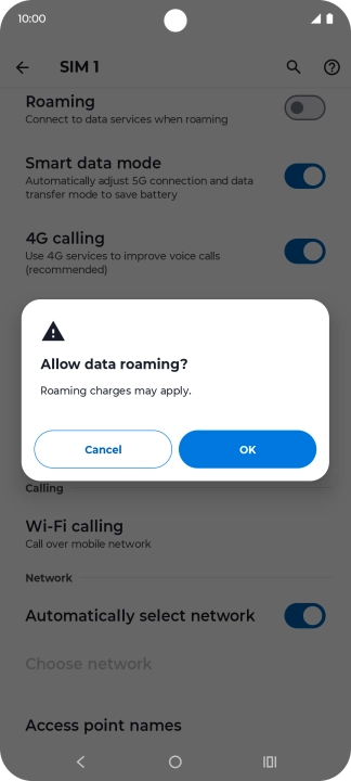 If you turn on data roaming, press OK.