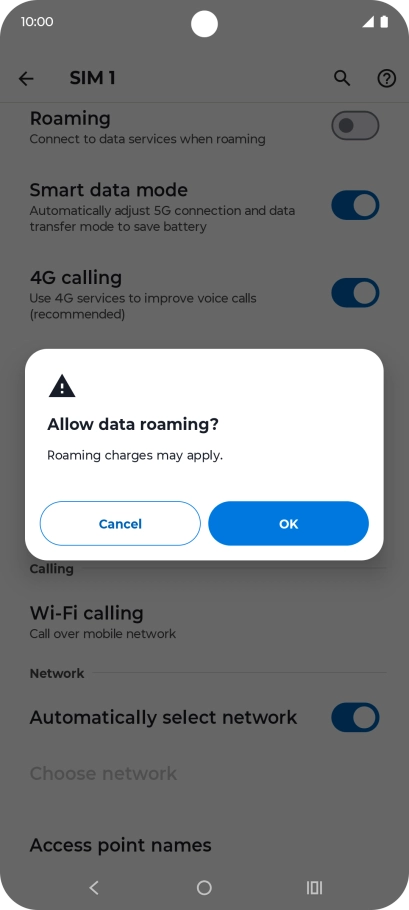 If you turn on data roaming, press OK.