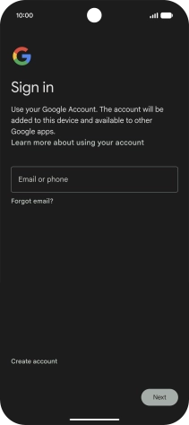 If you don't have a Google account, press Create account and follow the instructions on the screen to create an account. If you don't have a Google account, press Create account and follow the instructions on the screen to create an account.