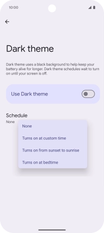 Press the required setting and follow the instructions on the screen to select the required dark mode period.