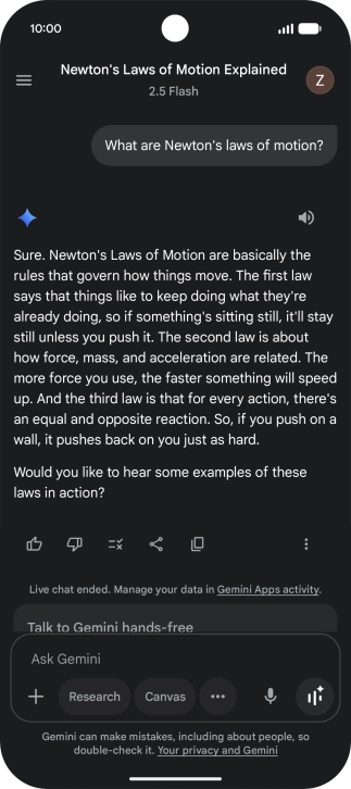 Transcription of the conversation with Gemini Live is now displayed. Transcription of the conversation with Gemini Live is now displayed.