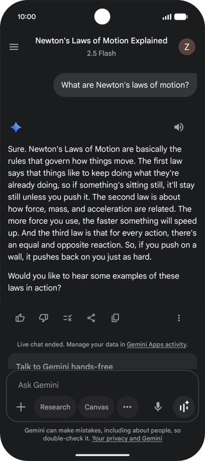 Transcription of the conversation with Gemini Live is now displayed. Transcription of the conversation with Gemini Live is now displayed.