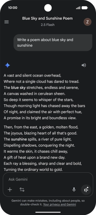You can ask Gemini to generate a text based on your description. You can ask Gemini to generate a text based on your description.