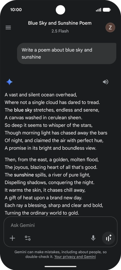 You can ask Gemini to generate a text based on your description. You can ask Gemini to generate a text based on your description.