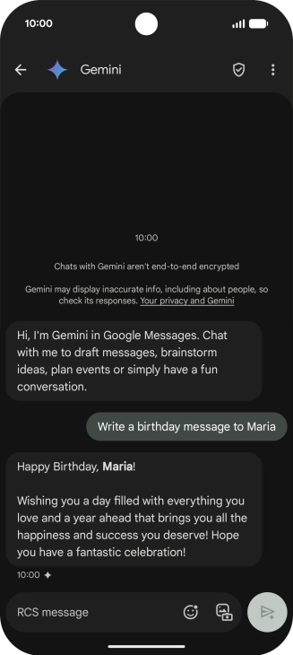 The text suggestion from Gemini is displayed. The text suggestion from Gemini is displayed.