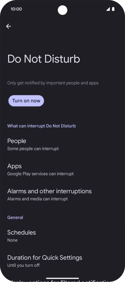 Press Turn on now to turn the function on or off.