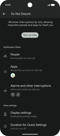 Press Turn on now to turn the function on or off.