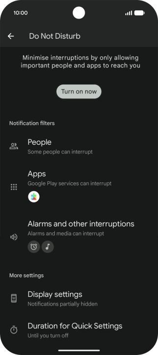 Press Turn on now to turn the function on or off.