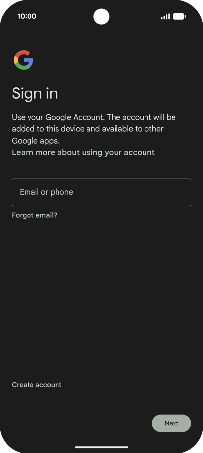 If you don't have a Google account, press Create account and follow the instructions on the screen to create an account.