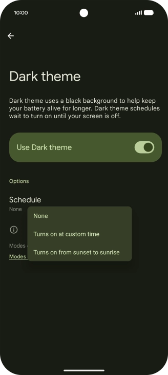 Press the required setting and follow the instructions on the screen to select the required dark mode period.