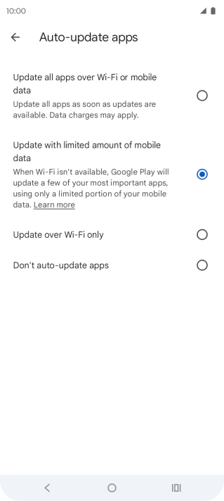 To turn on automatic update of apps using mobile network, press Update all apps over Wi-Fi or mobile data.