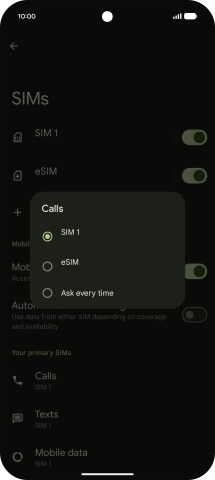 Press the required setting.