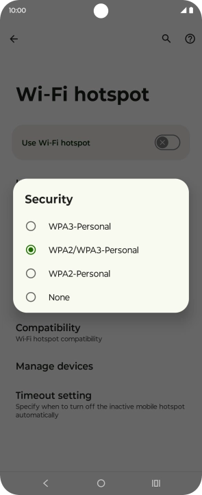 Press WPA3-Personal to password protect your Wi-Fi hotspot. Press WPA3-Personal to password protect your Wi-Fi hotspot.